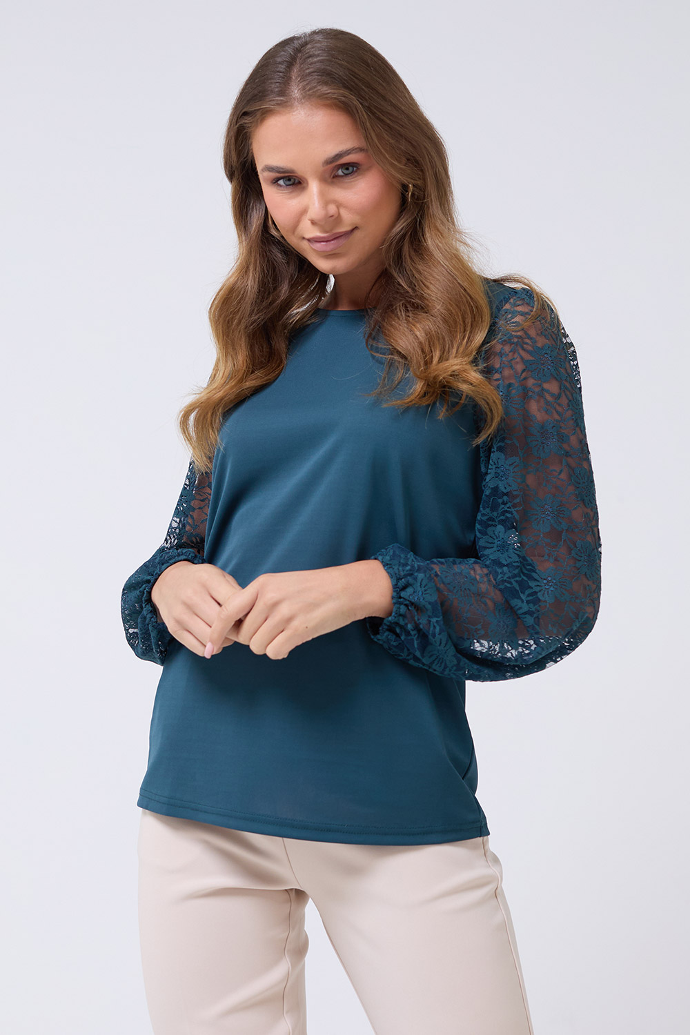 Ciara Lace Long Sleeve Top in Pine
