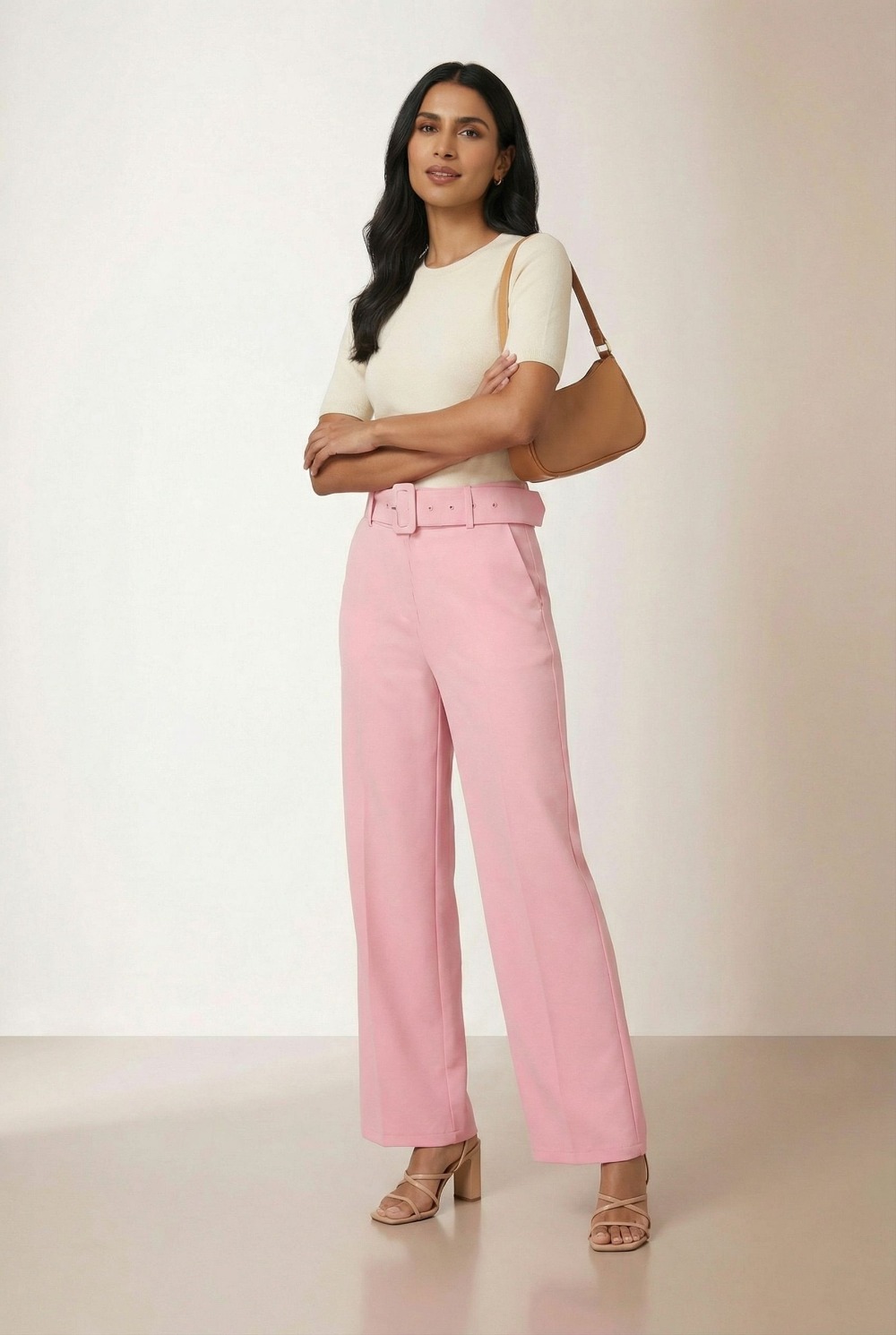 Maggie Stretch Wide Leg Belt Trouser in Baby Pink