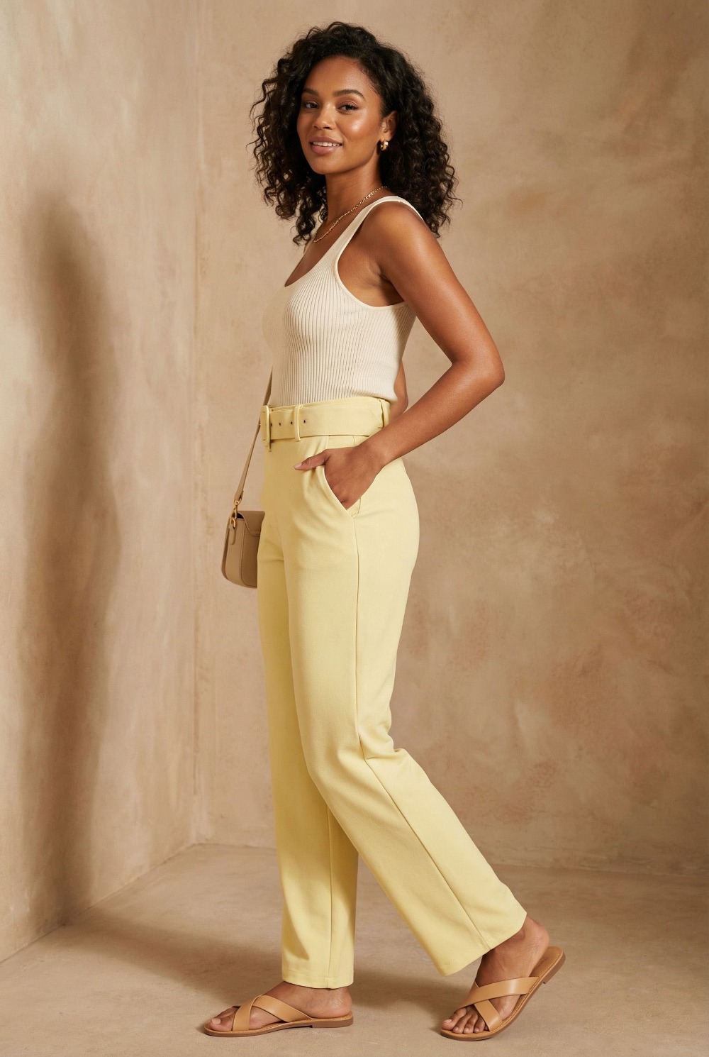 Maggie Stretch Wide Leg Belt Trouser in Lemon