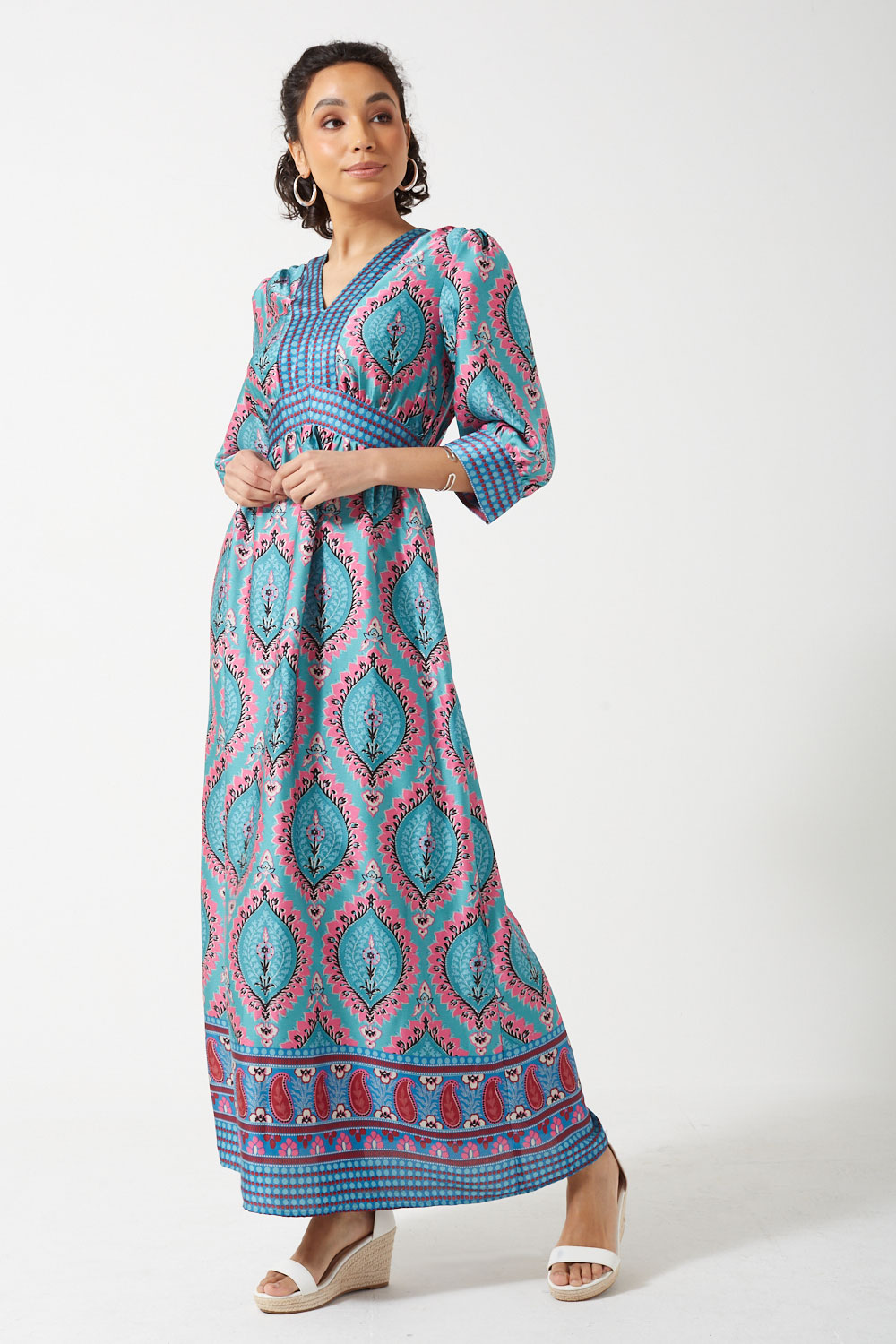 Bethany V-Neck Paisley Printed Maxi Dress in Mint Green