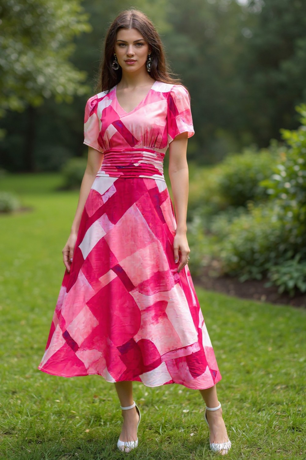 Kay Abstract Print Midi Dress in Pink
