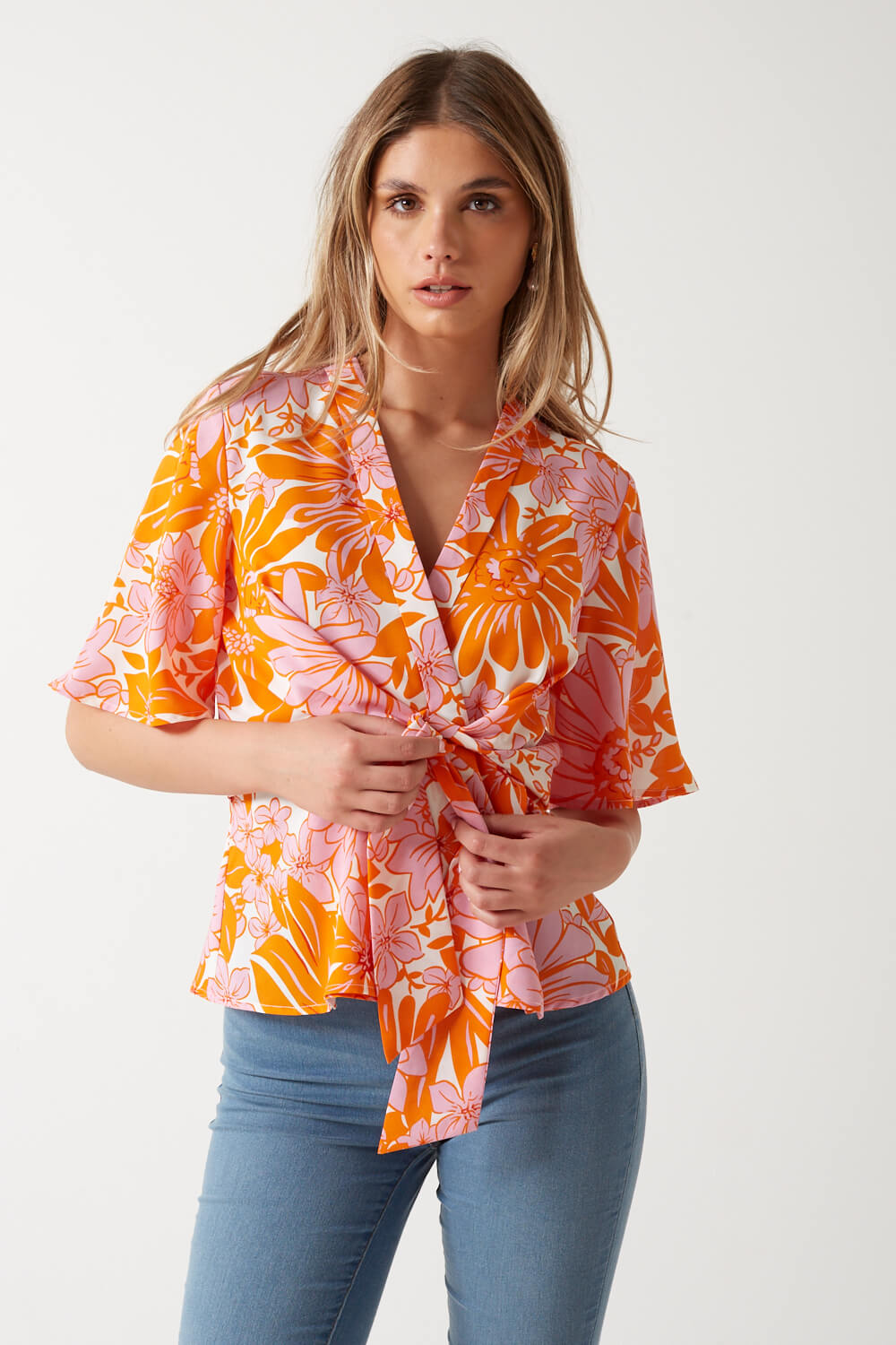 Diana Floral Print Wrap Top in Orange
