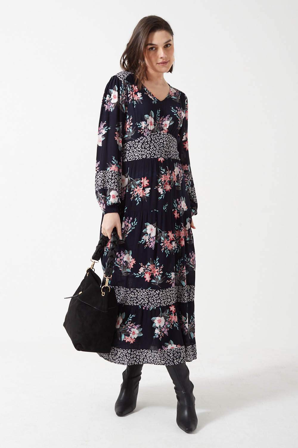Sammy L/S Tiered Maxi Floral Dress in Navy