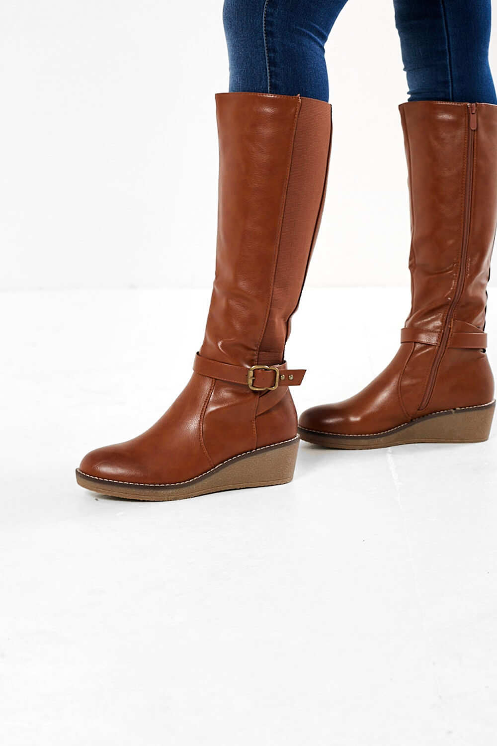 Brook Wedge Knee Boots in Camel 