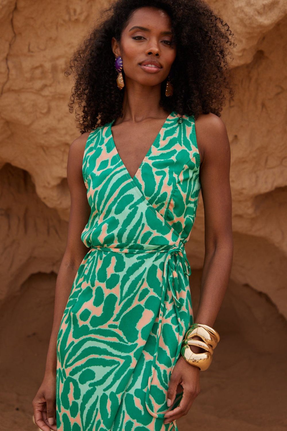 Harmony Zebra Print Wrap High-Low Dress in Green